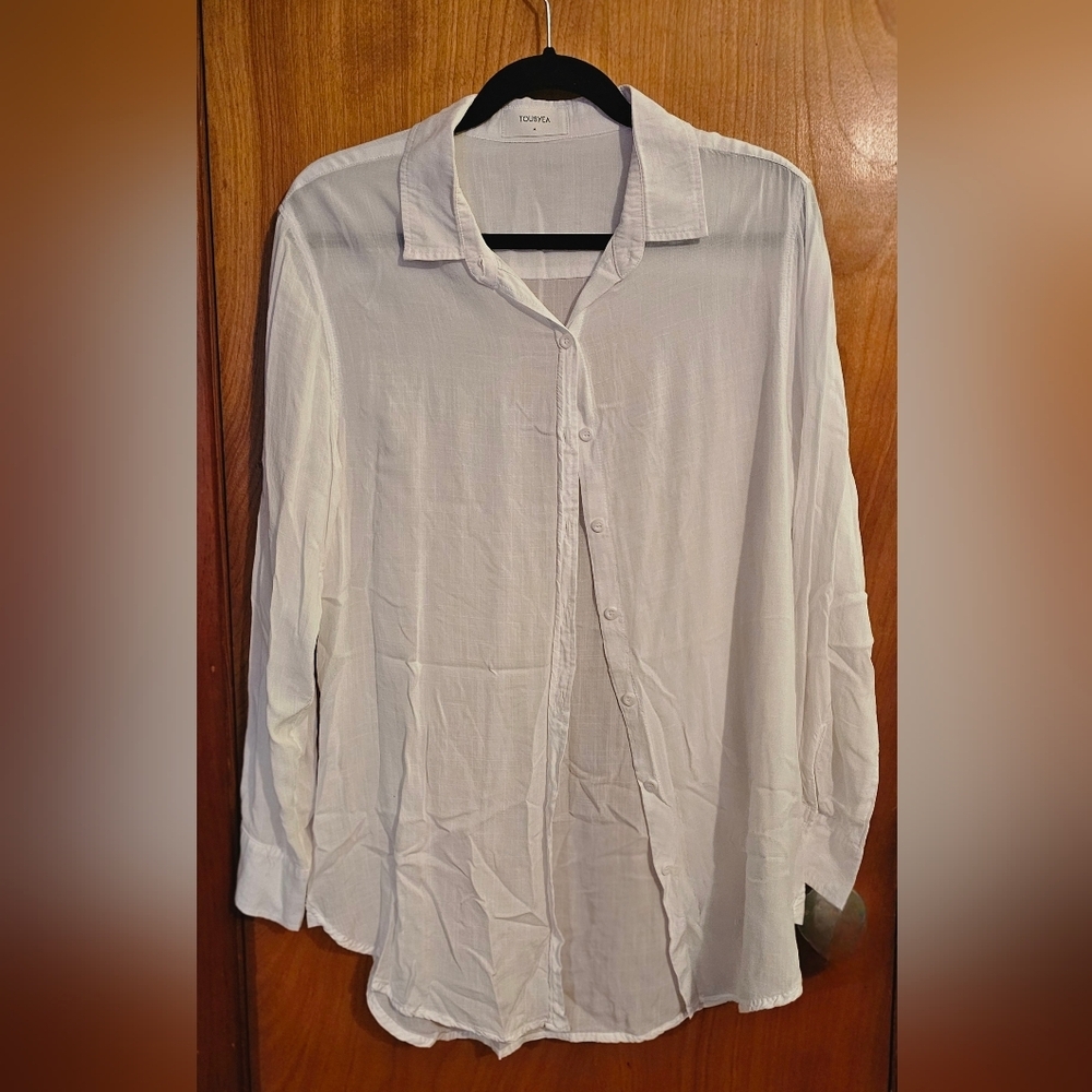 TOUSYEA White Button Down Shirt | Swim Cover-Up Sleep Shirt - Size M